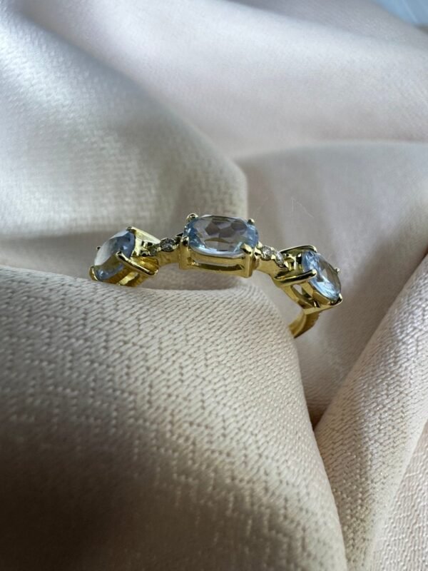 Anel Ouro Topázio Azul e Diamantes